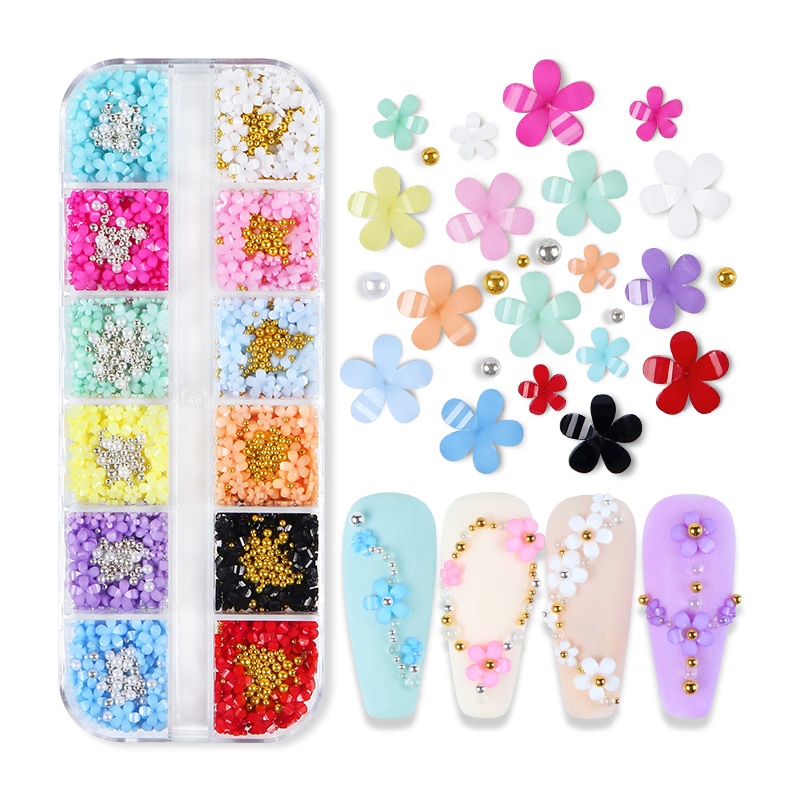 12 Grids 3D Acrylic Flower Nail Parts Decoration Mixed Steel Beads