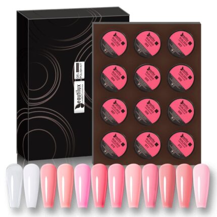 12-Piece Set of Clear Pink and Camouflage UV LED Hard Building Gel for Self-Leveling Nails with Soak-Off Capability