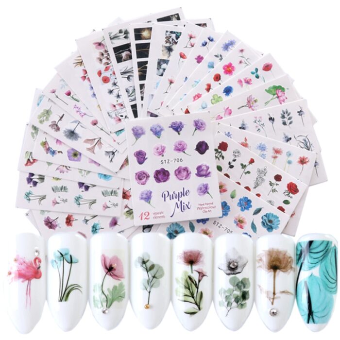 24 Sheets Spring Nail Water Sticker Set - Colorful 3D Manicure Stickers