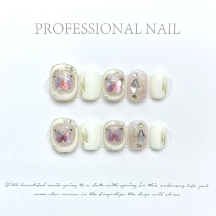 10Pcs Purple Flower Handmade Short Press-On Fake Nails